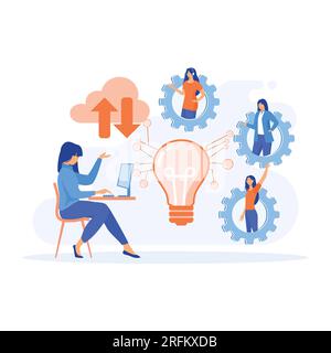 concetto di servizio di elaborazione wireless. Team di lavoro congiunto di utenti connessi tramite cloud computing e lampadina, illustrazione moderna a vettore piatto Illustrazione Vettoriale