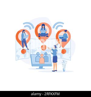 Concetto di web design aziendale di outsourcing. Ambiente di lavoro del team di sviluppatori. illustrazione moderna a vettore piatto Illustrazione Vettoriale