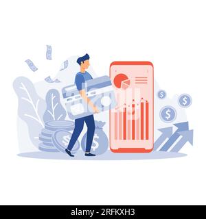 Concetto di finanza virtuale. Man gestisce le finanze personali in conti personali, analizza i dati bancari. illustrazione moderna a vettore piatto Illustrazione Vettoriale