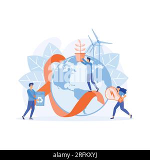 Concetto di consapevolezza ecologica e sostenibilità. Persone ecocompatibili con la Terra globo, che salvano il pianeta. illustrazione moderna a vettore piatto Illustrazione Vettoriale