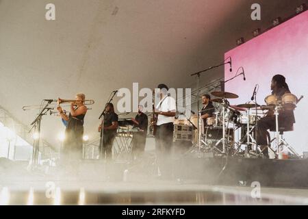 Copenhagen, Danimarca. 3 agosto 2023. La band inglese Kokoroko esegue un concerto dal vivo durante il festival di musica danese o Days 2023 a Copenaghen. Credito: Gonzales Photo/Alamy Live News Foto Stock