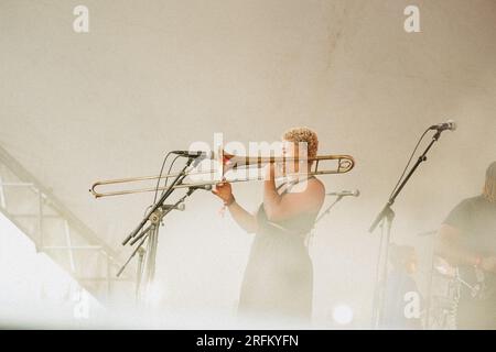 Copenhagen, Danimarca. 3 agosto 2023. La band inglese Kokoroko esegue un concerto dal vivo durante il festival di musica danese o Days 2023 a Copenaghen. Credito: Gonzales Photo/Alamy Live News Foto Stock