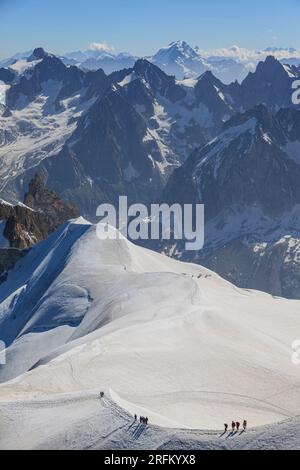 Alpinisti, vista da Aiguilles du Midi, massiccio del Monte bianco, Alpi francesi, Chamonix, Francia Foto Stock