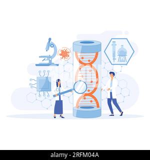 Biotecnologia o biotecnologia ricerca DNA come la scienza genetica delinea il concetto. Processo di studio del clone a spirale dell'elica. illustrazione moderna a vettore piatto Illustrazione Vettoriale