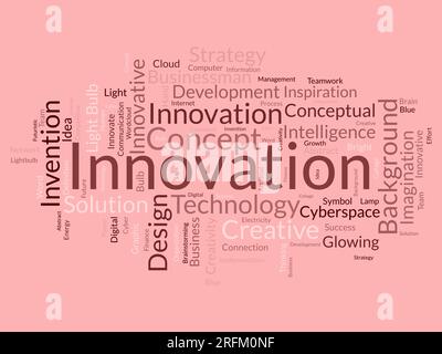 Concetto di base di Word cloud per l'innovazione. La strategia di concetto di creatività può fare sviluppo di idea di soluzione di invenzione. illustrazione vettoriale. Illustrazione Vettoriale