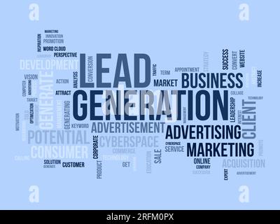 Concetto di background Word cloud per la generazione di lead. Controllo della strategia di marketing finanziario per generare il potenziale dei clienti. illustrazione vettoriale. Illustrazione Vettoriale