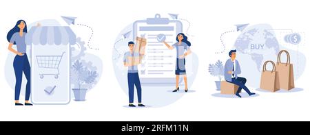 Concetto di acquisto tramite e-commerce, ordine effettuato e ricevuto, elaborazione degli ordini, prenotazione online, servizio clienti, software per magazzino, impostare il vettore piatto moderno Illustrazione Vettoriale