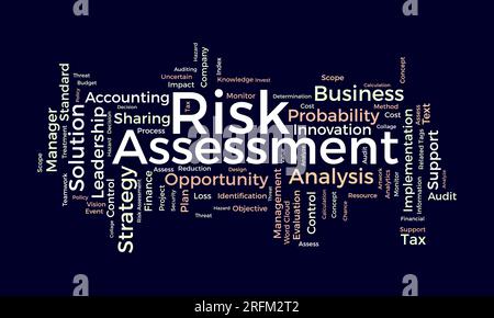 Concetto di background Word cloud per la valutazione dei rischi. Piano strategico di finanziamento cloud per il controllo aziendale in caso di perdita o profitto. Illustrazione vettoriale. Illustrazione Vettoriale