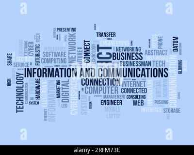 Word cloud background Concept for Information and Communications Technology (ict). sistema di rete ciberspaziale del servizio di sviluppo software. vettore i Illustrazione Vettoriale