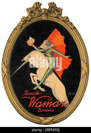 Poster pubblicitario vintage di Leonetto Cappiello - biscotti Wamar. 1925 - Cappiello si vizierà con un delizioso volo di fantasia - una fata alata su un unicorno d'allevamento Foto Stock