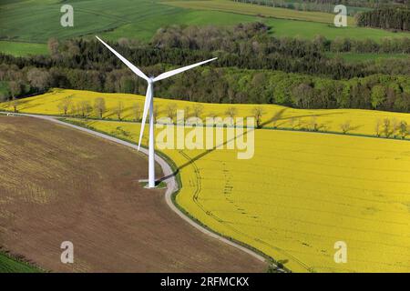 Francia, Aveyron (12), parco eolico sugli altopiani di Aveyron e campo di colza in fiore (foto aerea) Foto Stock