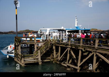 Francia, regione della Normandia, Manche, Chausey, di fronte a Granville, grande Ile, molo per Granville in una giornata intensa, Foto Stock