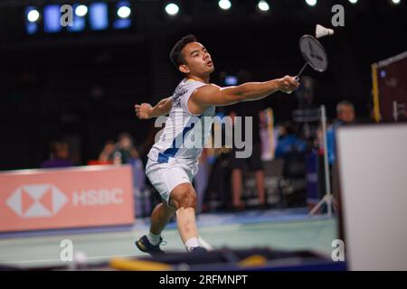 Sydney, Australia. 4 agosto 2023. Pramudya Kusumawardana dell'Indonesia in azione durante la partita di doppio maschile del quarto giorno del GRUPPO SATHIO Australian Badminton Open 2023 tra Indonesia e Giappone al Quaycenter il 4 agosto 2023 a Sydney, Australia Credit: IOIO IMAGES/Alamy Live News Foto Stock