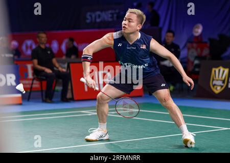 Sydney, Australia. 4 agosto 2023. Aaron Chia della Malesia in azione durante la partita di doppio maschile del 4° giorno del GRUPPO SATHIO Australian Badminton Open 2023 tra Taipei cinese e Malaysia al Quaycenter il 4 agosto 2023 a Sydney, Australia Credit: IOIO IMAGES/Alamy Live News Foto Stock