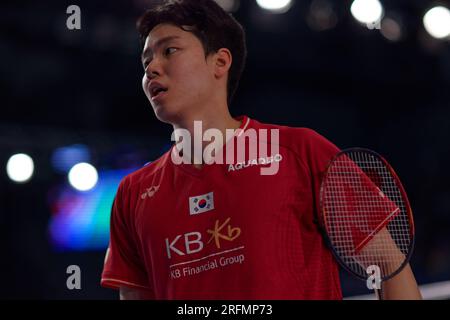 Sydney, Australia. 4 agosto 2023. SEO Seung Jae della Corea guarda durante la partita di doppio maschile del 4° giorno del GRUPPO SATHIO Australian Badminton Open 2023 tra Indonesia e Corea al Quaycenter il 4 agosto 2023 a Sydney, Australia crediti: IOIO IMAGES/Alamy Live News Foto Stock