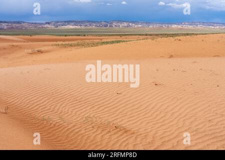 Dune di sabbia ondulate nel deserto di San Rafael con nuvole di tempesta sulla barriera corallina di San Rafael vicino a Hanksville, Utah. Foto Stock