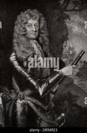 Un ritratto di Sir Godfrey Kneller di James FitzJames Butler, II duca di Ormonde (1665–1745) è stato uno statista e soldato irlandese. Fu il terzo della famiglia ad ereditare la contea di Ormond. Come suo nonno, il i duca, fu cresciuto come protestante, a differenza della sua famiglia allargata che manteneva il cattolicesimo romano. Prestò servizio nel continente sotto Guglielmo d'Orange durante la guerra dei nove anni, nella guerra guglielmita in Irlanda e nella guerra di successione spagnola, ma fu accusato di tradimento e andò in esilio dopo la rivolta giacobita del 1715. Foto Stock