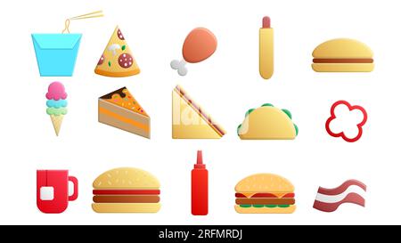 Set di 15 icone di piatti deliziosi e spuntini per un bar/caffetteria su sfondo bianco: hamburger, hot dog, sandwich, pizza, burrito, beva, Illustrazione Vettoriale