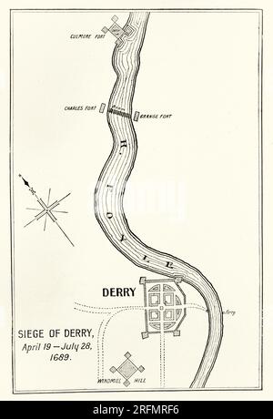 Un piano del XVII secolo dell'assedio di Derry nel 1689, il primo grande evento della guerra guglielmita in Irlanda. L'assedio fu preceduto da un tentativo contro la città da parte delle forze giacobite il 7 dicembre 1688 che fu sventato quando 13 apprendisti chiusero le porte. Il secondo tentativo ebbe inizio il 18 aprile 1689 quando re Giacomo II apparve davanti alle mura con un esercito irlandese guidato da giacobiti e ufficiali francesi. La città fu convocata per la resa, ma rifiutò. Gli assedianti tentarono di assaltare le mura, ma fallirono e fecero ricorso a Derry per fame. Alzarono l'assedio e se ne andarono quando le navi di rifornimento arrivarono in città Foto Stock