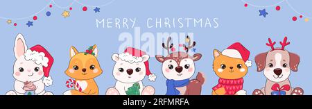 Striscione natalizio con animali. Simpatici personaggi dei cartoni animati su banner Web orizzontale di Capodanno. Cervo, cucciolo, gattino, volpe, lepre, Cuccioli di orso e decorazioni natalizie. Vettore in uno stile piatto su un blu. Illustrazione Vettoriale