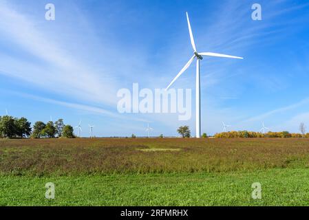 Turbina eolica tal in un campo in una chiara giornata autunnale. Altre turbine eoliche sono visibili a distanza Foto Stock