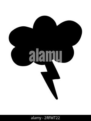 Nuvola e fulmini dipinti a mano con pennello. Nuvola di Doodle e icona del fulmine isolate su sfondo bianco. Illustrazione Vettoriale