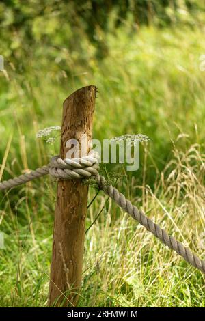 Primo piano della corda di canapa avvolta intorno a un palo di legno in un giardino per recinzione di un'area al largo, Inghilterra, Regno Unito Foto Stock