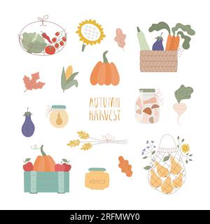 Carine illustrazioni vettoriali con pere in sacchetto ecologico, carina zucca, verdure in scatola, cesto, fiori, vendemmia autunnale per adesivi, carte, striscioni. Illustrazione Vettoriale