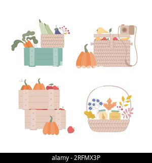 Set autunnale, clip art autunnali, elementi di design collezione di illustrazioni vettoriali. Cestini accoglienti, scatole con verdure, frutta, raccolta di carte, volantini Illustrazione Vettoriale