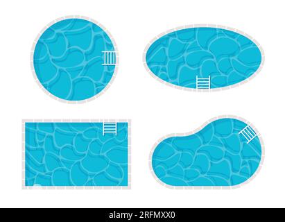 Set di diverse piscine con vista dall'alto. Piscina rettangolare, rotonda, ovale. Elementi di design e mobili. Illustrazione vettoriale isolata su bianco. Illustrazione Vettoriale