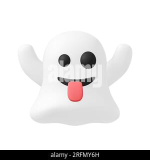 Tracciato di ritaglio, cartoni animati a bassa poli fantasma con volto scherzoso, rendering 3d. Foto Stock