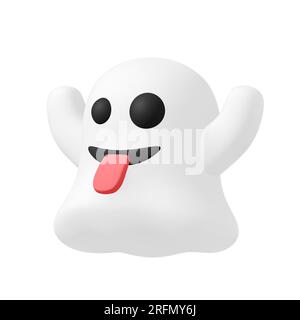 Tracciato di ritaglio, cartoni animati a bassa poli fantasma con volto scherzoso, rendering 3d. Foto Stock