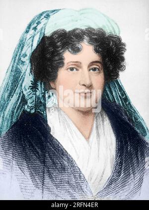 Emma Hart Willard (1787-1870) è stata un'attivista statunitense che ha fondato la prima scuola per l'istruzione superiore femminile, il Troy Female Seminary a Troy, New York. Con il successo della sua scuola, Willard fu in grado di viaggiare attraverso il paese e all'estero, per promuovere l'istruzione per le donne. Ritratto circa 1805-1815. Colorato. Foto Stock