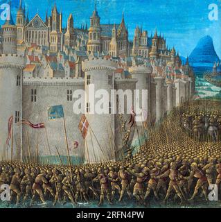 L'assedio di Antiochia ebbe luogo durante la prima crociata del 1097 e del 1098, sulla via dei crociati verso Gerusalemme attraverso la Siria. Dettaglio di una miniatura medievale da Les Passages d'Outremer di Sebastien Mamerot, 1474. Foto Stock