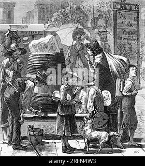 Distribuzione di acqua ghiacciata in Printing House Square, New York, durante un'ondata di caldo estivo. Illustrazione, Harper's Weekly, E. A. Abbey, 27 luglio 1872. Foto Stock