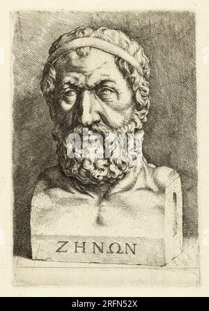 Zenone di Elea (495 circa - 430 a.C. circa) è stato un filosofo greco pre-socratico della Magna Grecia e membro della Scuola eleatica fondata da Parmenide. È meglio conosciuto per i suoi paradossi. Incisione di J.W. Cook, 1825 Foto Stock