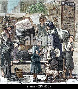 Distribuzione di acqua ghiacciata in Printing House Square, New York, durante un'ondata di caldo estivo. Illustrazione, Harper's Weekly, E. A. Abbey, 27 luglio 1872. Colorato. Foto Stock