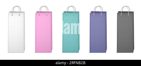 Set di borse colorate vuote. Illustrazione vettoriale. Sacchetti di carta bianca, rosa, nera, blu e verde. Regalo di compleanno, confezione regalo per bottiglia Illustrazione Vettoriale