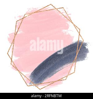 Pennellate di vernice rosa e nera in una cornice in diamante dorato isolata su bianco. Sfondo astratto per il testo. Modello di progettazione per striscione, scheda, COV Foto Stock