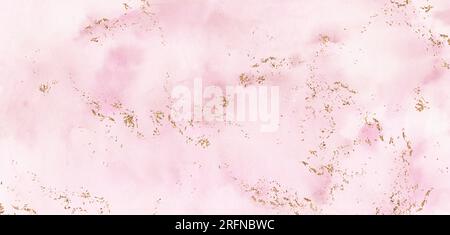 Sfondo ad acquerello astratto di colore rosa con spruzzi dorati. Consistenza in marmo. Design del modello per banner, poster, cartoline, copertina, brochure. Foto Stock
