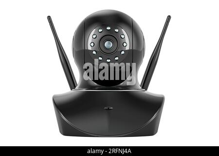 Telecamera IP nera, rendering 3D isolato su sfondo bianco Foto Stock