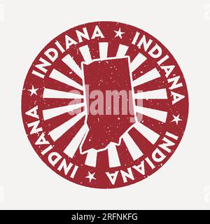 Francobollo Indiana. Timbro rosso da viaggio con la mappa dello stato degli Stati Uniti, illustrazione vettoriale. Illustrazione Vettoriale