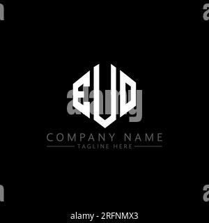 Logo EUO Letter con forma poligonale. Logo a forma di cubo e poligono EUO. Modello con logo vettoriale esagonale EUO in bianco e nero. EUO monogr Illustrazione Vettoriale