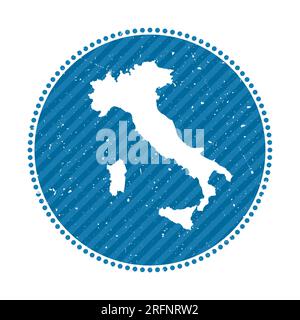 Adesivo da viaggio retrò a righe in Italia. Badge con mappa del paese, illustrazione vettoriale. Illustrazione Vettoriale