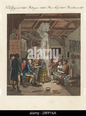 Highlanders of Scotland in un hovel, 1797. Gli scozzesi indossano un kilt tartan o un filabeg, una giacca, una sporran, un cofano e un plaid sulle spalle. Dopo un disegno del geologo francese Barthélemy Faujas de Saint-Fond. Incisione in copperplate a mano da Carl Bertuch's Bilderbuch fur Kinder (Picture Book for Children), Weimar, 1810. Un'enciclopedia in 12 volumi per bambini illustrata con quasi 1.200 tavole incise su storia naturale, scienza, costume, mitologia, ecc., pubblicato dal 1790-1830. Foto Stock