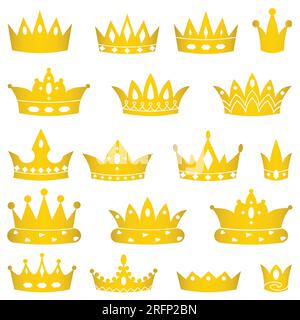 Set di corone dorate, silhouette minimaliste isolate su sfondo bianco, immagine vettoriale Illustrazione Vettoriale