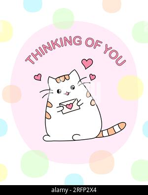Pensando a te biglietto d'auguri. Gatto dei cartoni animati con una lettera d'amore. Gattino Kawaii Illustrazione Vettoriale