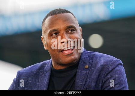 Sheffield, Regno Unito. 4 agosto 2023. Clinton Morrison Sky Sports durante la partita Sheffield Wednesday FC vs Southampton FC EFL Championship all'Hillsborough Stadium, Sheffield, Regno Unito il 4 agosto 2023 Credit: Every Second Media/Alamy Live News Foto Stock