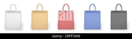 Set di sacchetti colorati vuoti isolati in bianco. Illustrazione vettoriale. Sacchetti di carta bianca, marrone, rossa, blu e nera. Regalo di compleanno, Natale Illustrazione Vettoriale