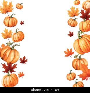 Zucche bianche e gialle, foglie arancioni su sfondo bianco. Invito al festival autunnale. Confine tra foglie autunnali e zucche. Cartolina o striscione. Illustrazione Vettoriale
